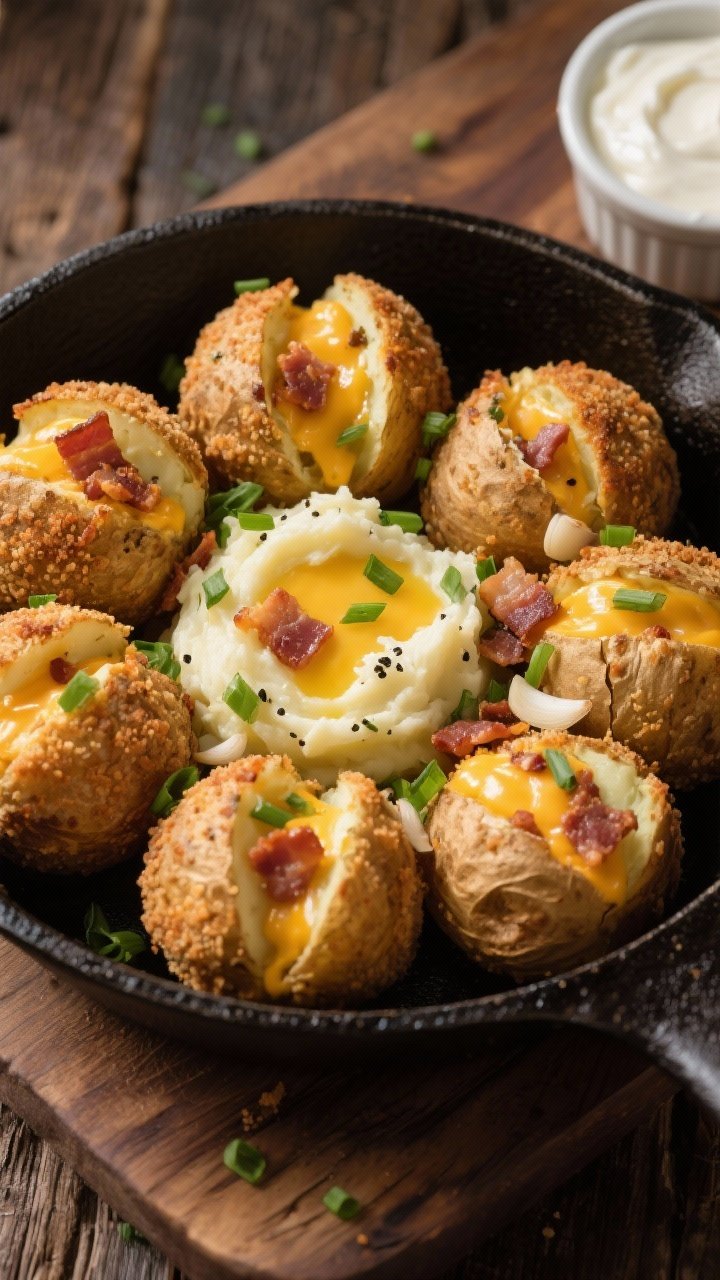 Overhead shot of loaded baked potato bombs arranged in a cast-iron skillet: breaded spheres with a crack revealing cheesy cheddar core, flecks of bacon, chives, garlic, and black pepper embedded in creamy mashed potato; brushed with butter for shine; a sprinkle of extra chives over top; side ramekin of sour cream; rustic wooden surface for cozy comfort-food mood.
