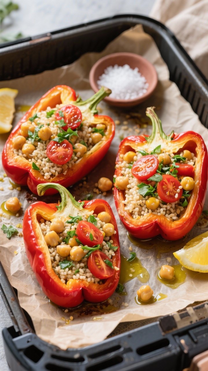 Overhead shot of loaded Mediterranean chickpea stuffed peppers just out of the air fryer: halved bell peppers filled with a colorful mix of chickpeas, fluffy couscous or farro, halved cherry tomatoes, chopped herbs, and a drizzle of olive oil; vibrant reds, yellows, and greens pop against a parchment-lined tray, rustic Mediterranean mood with a small dish of flaky salt and lemon wedges nearby.