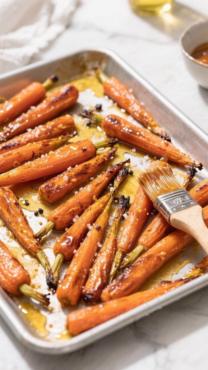 Overhead shot of maple-Dijon carrots on a rimmed baking sheet: baby carrots roasted with olive oil, maple syrup, Dijon mustard, kosher salt, and black pepper; caramelized, blistered tips with glossy glaze pooling lightly; a pastry brush with residual glaze to the side; bright, sunlit kitchen ambiance for a wholesome feel.