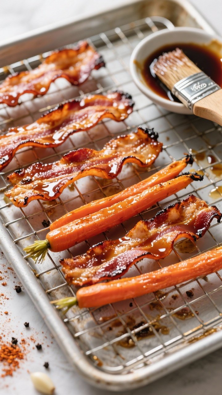 Overhead shot of maple-soy carrot “bacon” ribbons: long, wavy carrot strips lacquered with soy sauce, maple syrup, a touch of oil, smoked paprika, garlic powder, and black pepper, roasted in the air fryer until curled and crisp. Presented on a cooling rack over a sheet pan, with a small brush and leftover glaze in a bowl; glossy sheen and charred tips emphasized.