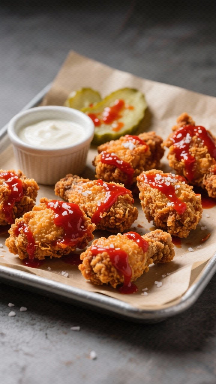 Overhead shot of Nashville hot chicken bites fresh from the air fryer: bite-sized boneless thigh pieces with craggy, ultra-crisp coating from flour and cornstarch, glazed in deep red hot sauce-butter blend, flecks of kosher salt visible. Serve on a small parchment-lined tray with a ramekin of buttermilk dip, extra hot sauce streaks, and pickle chips. Contrast of golden-brown crunch and fiery red glaze, moody lighting, clean background, no people.