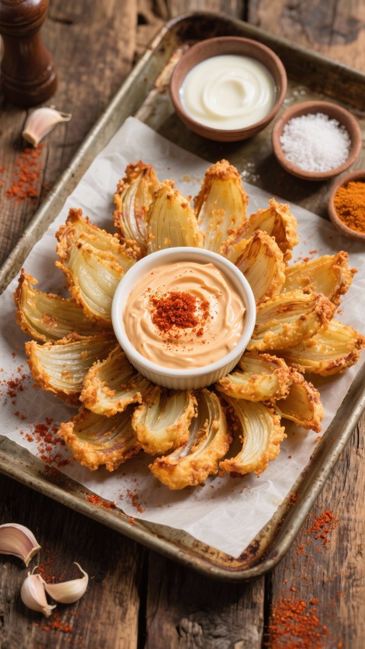 Overhead shot of Outback-style bloomin’ onion petals: golden, craggy onion pieces arranged in a circular bloom on a parchment-lined tray, paprika and cayenne-tinted crust; center ramekin of creamy spicy dip with a paprika swirl; small prep bowls of buttermilk, flour, cornstarch, garlic powder, and kosher salt off to the side; rustic wooden backdrop with punchy contrast.