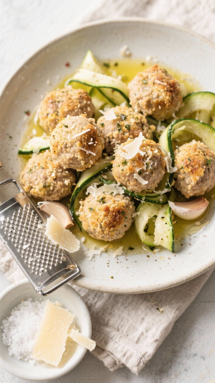 Overhead shot of Parmesan turkey meatballs, golden and speckled with grated Parmesan, panko, and Italian seasoning, resting atop delicate zucchini ribbons. Meatballs arranged in a shallow bowl, lightly drizzled with olive oil, with visible garlic and onion powder flecks; a microplane with Parmesan shavings and a small dish of kosher salt on a rustic linen. Clean, bright light to highlight cheesy crust.