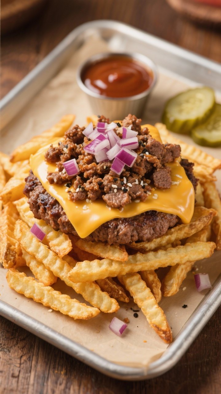 Overhead shot of Smashburger fry stack: a mound of golden air-fried shoestring/crinkle-cut fries topped with craggy-edged smashed beef crumbles (80/20 seasoned with kosher salt, black pepper, and onion powder), melted shredded American-style cheese, and a glossy “secret sauce” drizzle. Include finely diced red onion scattered over, a small ramekin of extra sauce, and a few pickle coins on the side. Styled on a parchment-lined sheet pan with a warm, diner-esque mood, crisp textures emphasized, no people.