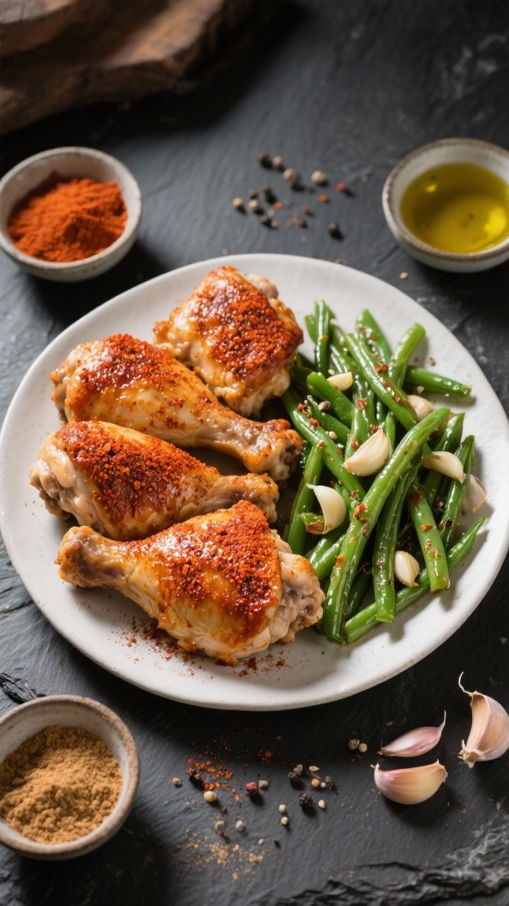 Overhead shot of smoky paprika chicken thighs fresh from the air fryer, glistening with a rub of smoked and sweet paprika, garlic powder, onion powder, and a sprinkle of coarse black pepper, arranged beside vibrant garlicky green beans tossed in olive oil. Served on a matte white platter over a dark slate surface, with small bowls of smoked paprika, garlic powder, and olive oil in frame; warm, directional light to emphasize crispy, paprika-stained edges.