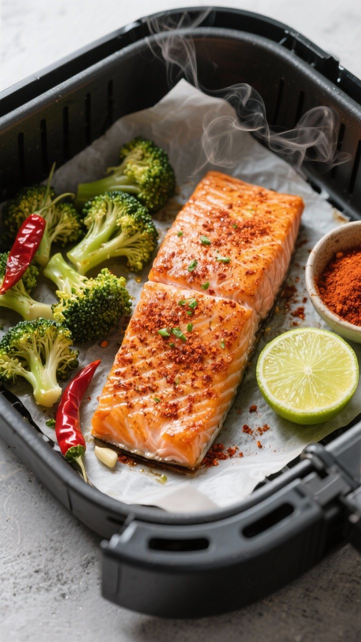 Overhead shot of smoky paprika salmon fillets with skin-on, nestled beside chili-lime broccoli florets on a parchment-lined air fryer basket. Visible rub of smoked paprika, chili powder, and garlic powder on the fish, broccoli tossed with olive oil and lime zest. A small bowl of paprika and a half-cut lime to the side, steam faintly rising, crisped salmon skin showing texture.
