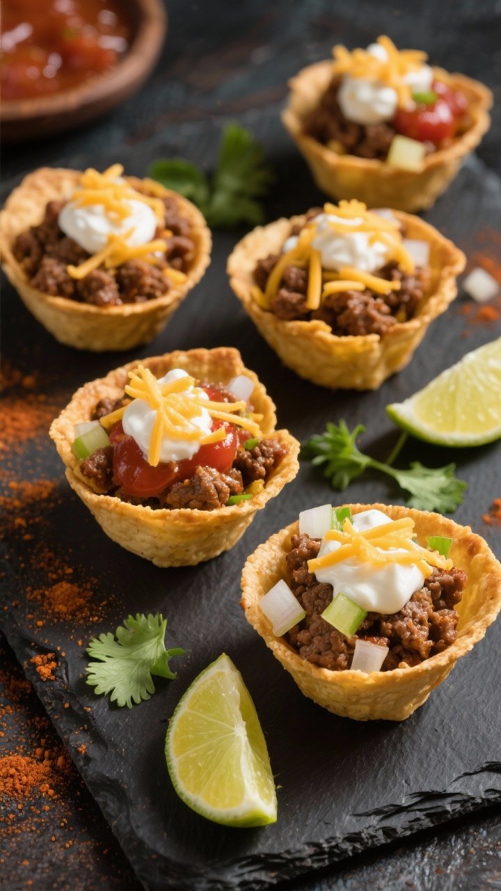 Overhead shot of street-style beef taco crunch cups fresh from the air fryer: mini crispy tortilla cups filled with seasoned ground beef (chili powder, cumin, smoked paprika, garlic and onion powder, salt, black pepper), topped with a sprinkle of shredded cheese and diced onions, drizzled with a touch of sour cream and salsa, lime wedges and cilantro scattered on a dark slate board, warm golden tones, crunchy textures highlighted.