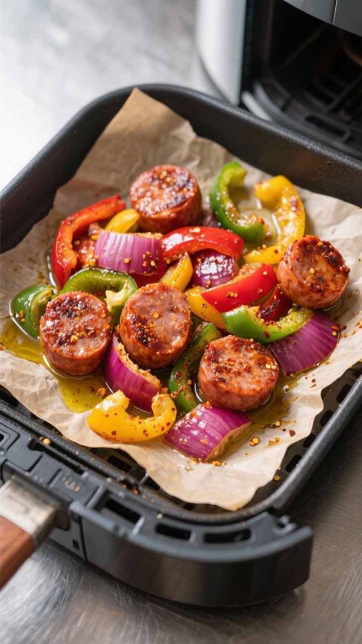 Overhead skillet-to-air-fryer transfer scene of Cajun sausage and peppers: rounds of smoked andouille with rendered edges, mixed with sliced red, yellow, and green bell peppers and red onion; a sheen of olive oil and visible Cajun seasoning flecks; placed on parchment-lined air fryer tray; bold, vibrant colors against a stainless surface.