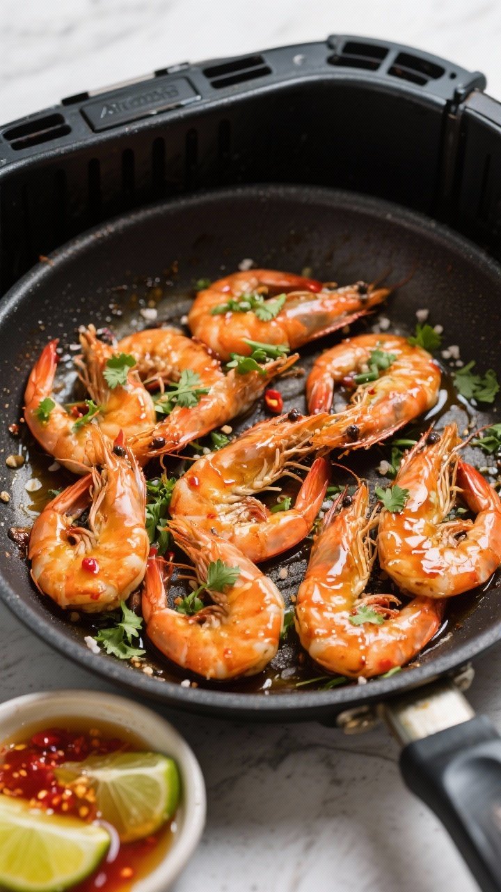 Overhead skillet-to-air-fryer transition scene for honey sriracha shrimp: large 16–20 count shrimp, patted dry and tossed with neutral oil, kosher salt, and pepper; post-cook glaze bowl with honey, sriracha, and fresh lime halves nearby; finished shrimp lacquered and sticky, garnished with micro cilantro and lime zest, glossy highlights and a light chili sheen.