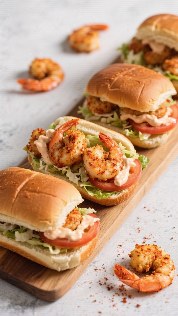 Overhead slider lineup: Cajun shrimp po’ boy sliders assembled on a wooden board—air-fried shrimp coated in Cajun seasoning, olive oil, garlic powder, and a pinch of salt, nestled into toasted slider buns with shredded lettuce, tomato slices, and a generous swipe of creamy remoulade; a few loose seasoned shrimp scattered for context.