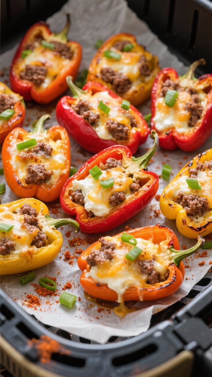 Overhead snack board of cheesy beef-stuffed mini peppers: halved red, orange, and yellow mini peppers packed with spiced ground beef (chili powder, cumin, garlic powder, salt, black pepper) blended with cream cheese and melted Monterey Jack, broiled blistered edges, garnished with sliced green onions and a dusting of paprika, set on parchment in an air fryer basket.