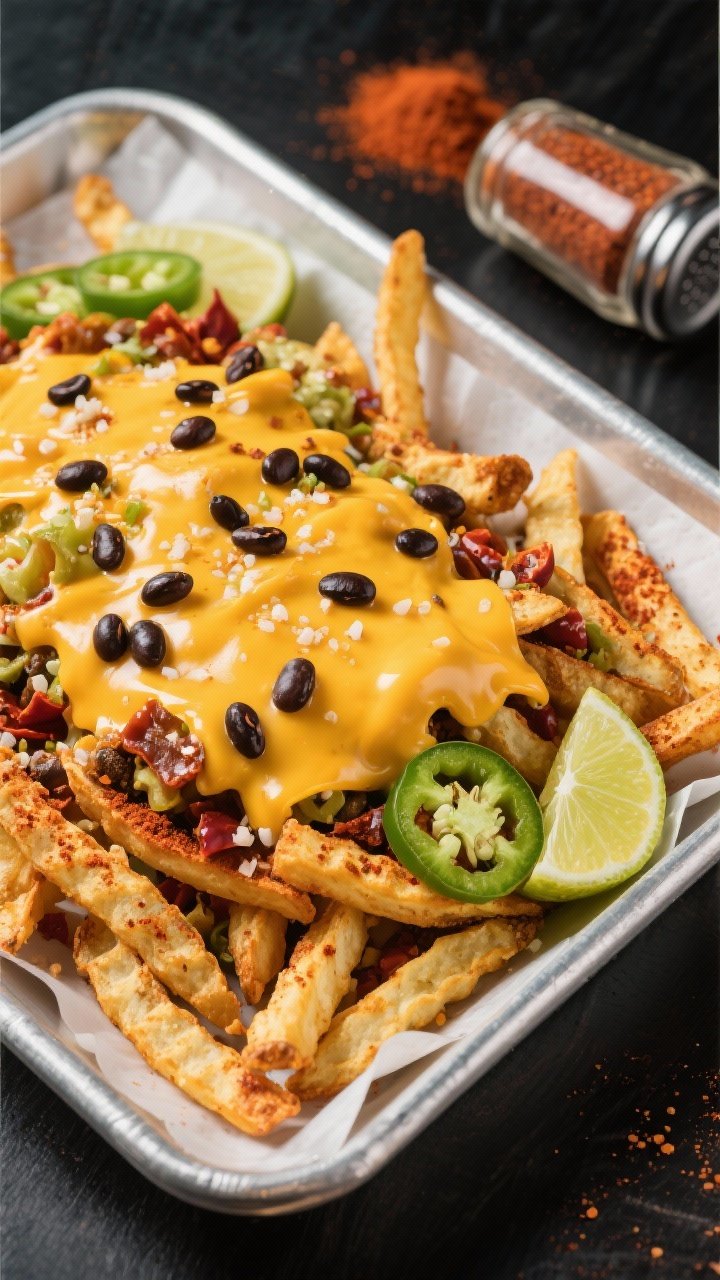 Overhead stadium-style platter of loaded nacho fries: air-fried crinkle or shoestring fries dusted with chili powder, cumin, garlic powder, and salt, smothered with melted Mexican-blend cheese, dotted with black beans; bright street-cart energy with lime wedges, jalapeño slices, and a casual paper-lined tray; a small shaker of chili powder nearby; vibrant, melty, high-contrast styling.