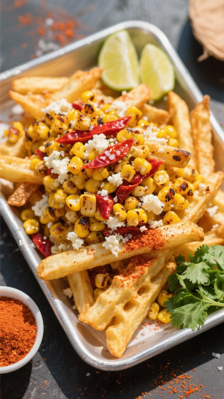 Overhead street-food style tray of waffle fries piled with elote-inspired toppings: charred corn kernels (from thawed, dried corn sautéed in neutral oil), dusted with chili powder, smoked paprika, and kosher salt, finished with crumbled cotija and a sprinkle of Tajín for a vibrant red-orange crunch. Lime wedges and chopped cilantro on the side, with a tiny pinch bowl of Tajín. Sunny, colorful mood with bold contrast to showcase golden fries, yellow corn, and chili-red accents.