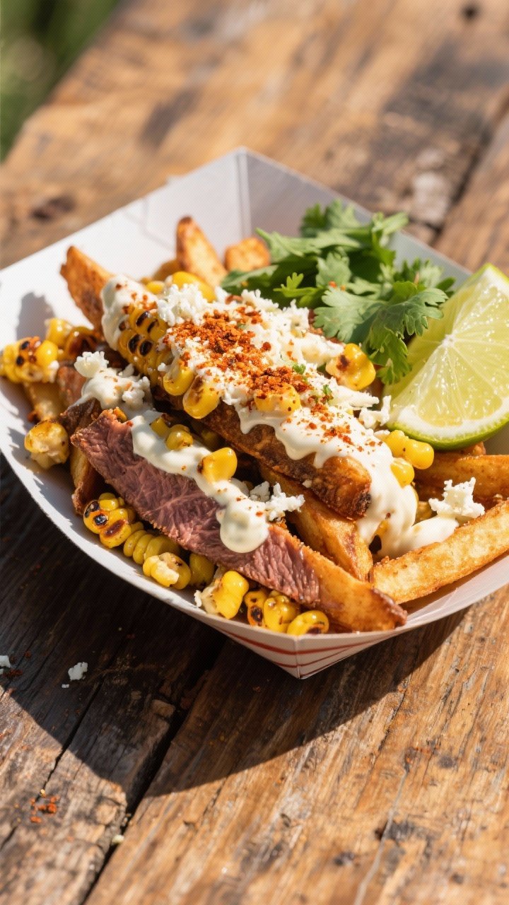 Overhead street-style elote fries: thick steak fries layered with fire-roasted corn kernels, a creamy mayo and Mexican crema mixture, lime juice squeezed over, and dusted generously with Tajín or chili-lime seasoning. Crumbles of cotija cheese, cilantro leaves, and lime wedges on the side. Serve in a paper-lined street-food tray on a rustic outdoor wood table, vibrant, sunny feel with a slight char on corn highlighted.