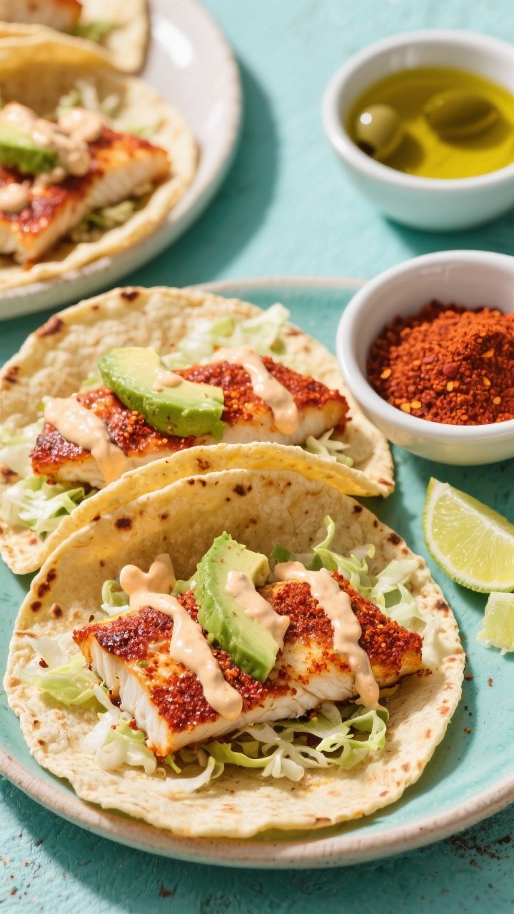 Overhead taco scene: Cajun-spiced white fish fillets flaked into warm corn tortillas, fish coated in a deep red Cajun rub with hints of paprika and cayenne; drizzled with creamy avocado crema, topped with shredded cabbage and lime wedges on the side; a small bowl of extra Cajun seasoning and olive oil in frame for a lively, coastal street-taco mood.