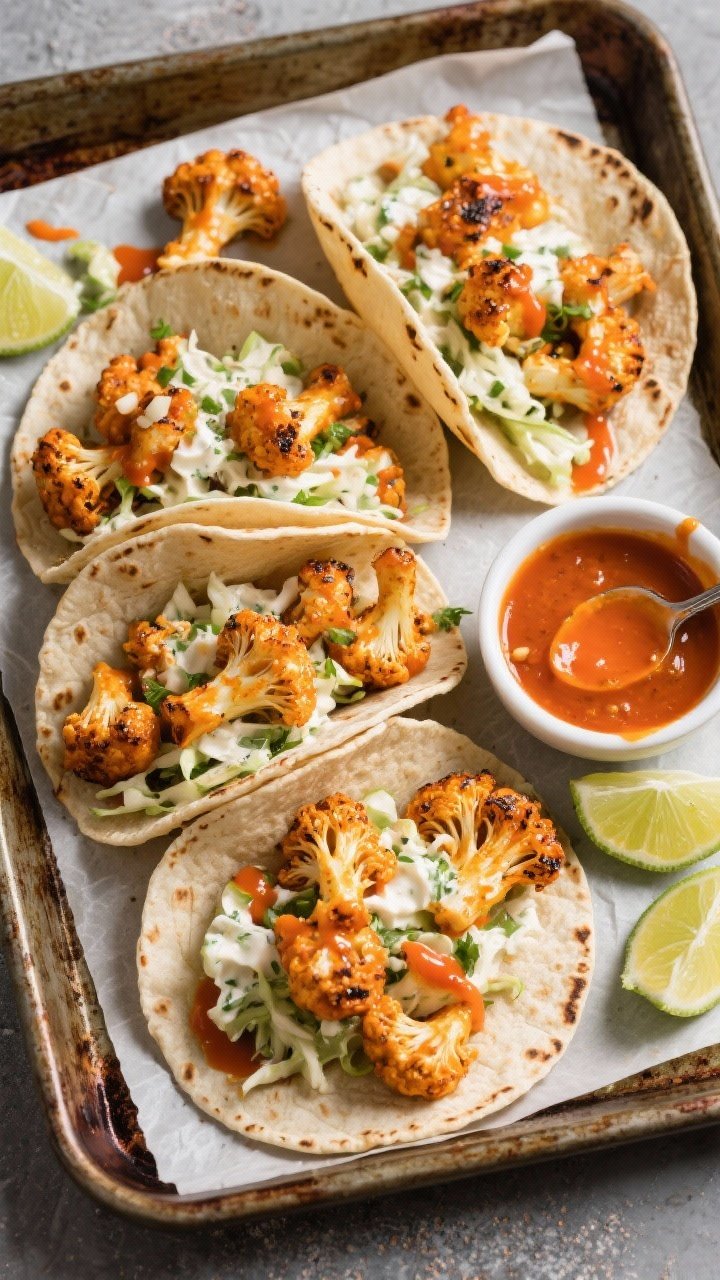 Overhead taco spread of buffalo cauliflower tacos: charred, saucy cauliflower florets coated in hot sauce and melted butter with garlic powder, tucked into warm tortillas. Quick ranch slaw piled on top (creamy flecks, green herb bits), extra hot sauce drizzles, and lime wedges scattered. Set on a rustic sheet pan lined with parchment, small bowl of buffalo sauce and a spoon trailing orange sauce.