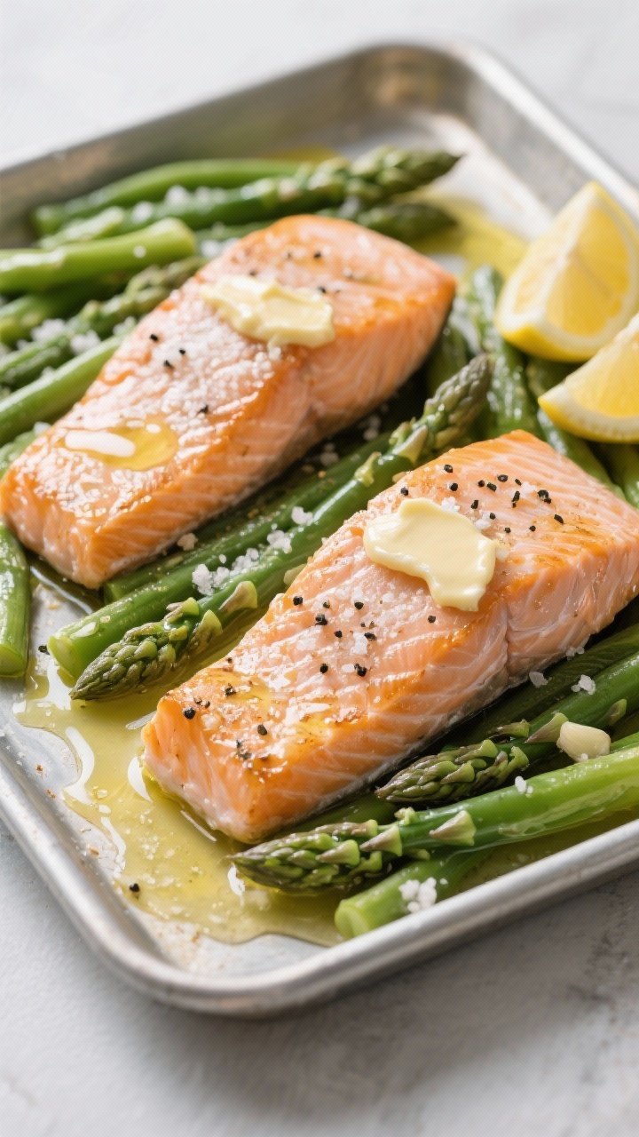 Overhead tray-bake composition: two frozen salmon fillets atop a bed of frozen green beans/asparagus, all glistening with olive oil, kosher salt, black pepper, and a drizzle of melted garlic butter pooling around the edges. The salmon lightly peppered with extra salt, butter brushed for sheen. Shot in the air fryer basket or a small sheet tray, lemon wedges on the side, clean, Nordic mood.