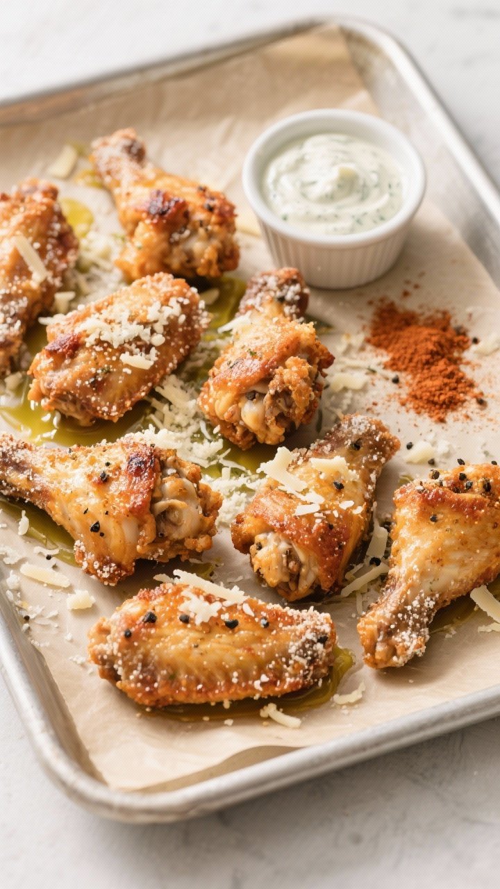 Overhead tray shot: Garlic-Parmesan ranch boneless wings using chicken thighs, tossed in olive oil, ranch seasoning, smoked paprika, black pepper, then coated in cornstarch and air-fried to a craggy crisp. Scatter fresh grated Parmesan and a pinch of paprika over top. Present on a parchment-lined sheet pan with a small ramekin of ranch dipping sauce and a dusting of ranch seasoning nearby. Neutral background, soft directional light for crunchy detail.