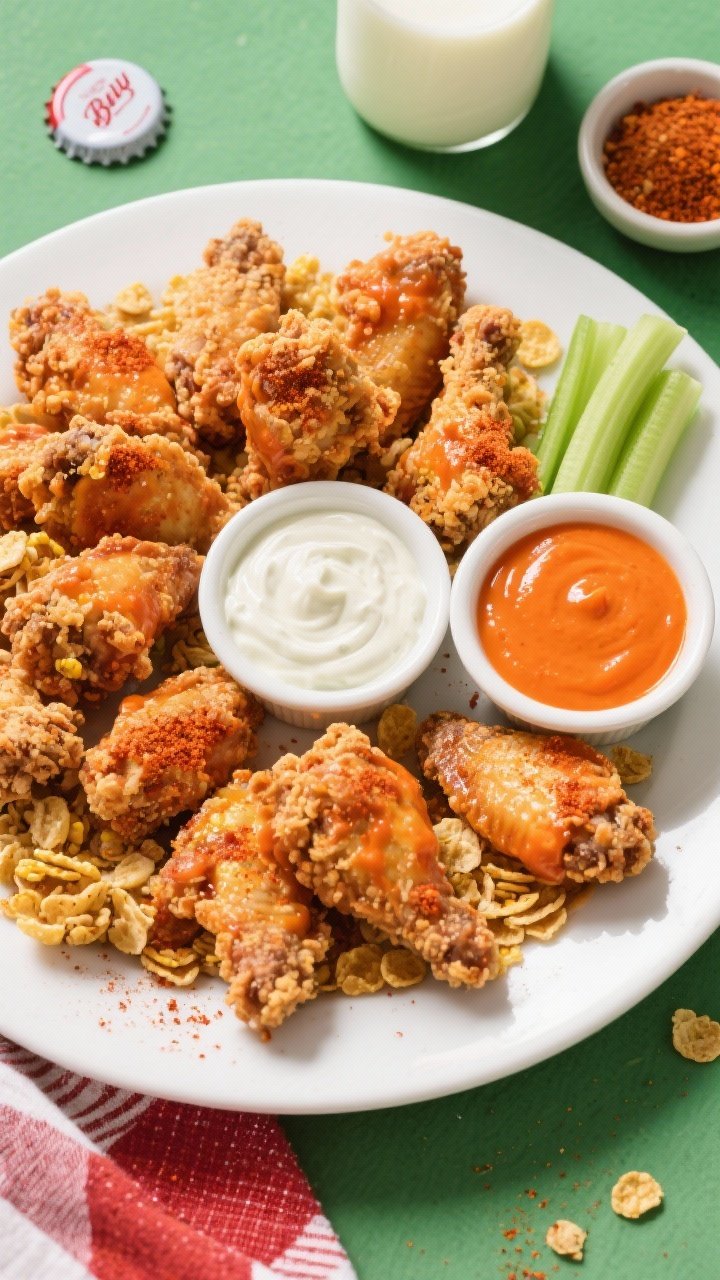 Overhead wing-night platter of Buffalo-Ranch chicken bites: crisp, craggly crust from crushed cornflakes/panko and flour, seasoned with paprika. Serve with a ramekin of creamy ranch for dipping and a small bowl of bright-orange buffalo sauce on the side for drizzling. Include a buttermilk bottle cap and a pinch bowl of ranch seasoning in frame as styling elements. Present on a large white platter with celery sticks for color contrast; energetic game-day vibe, high saturation.