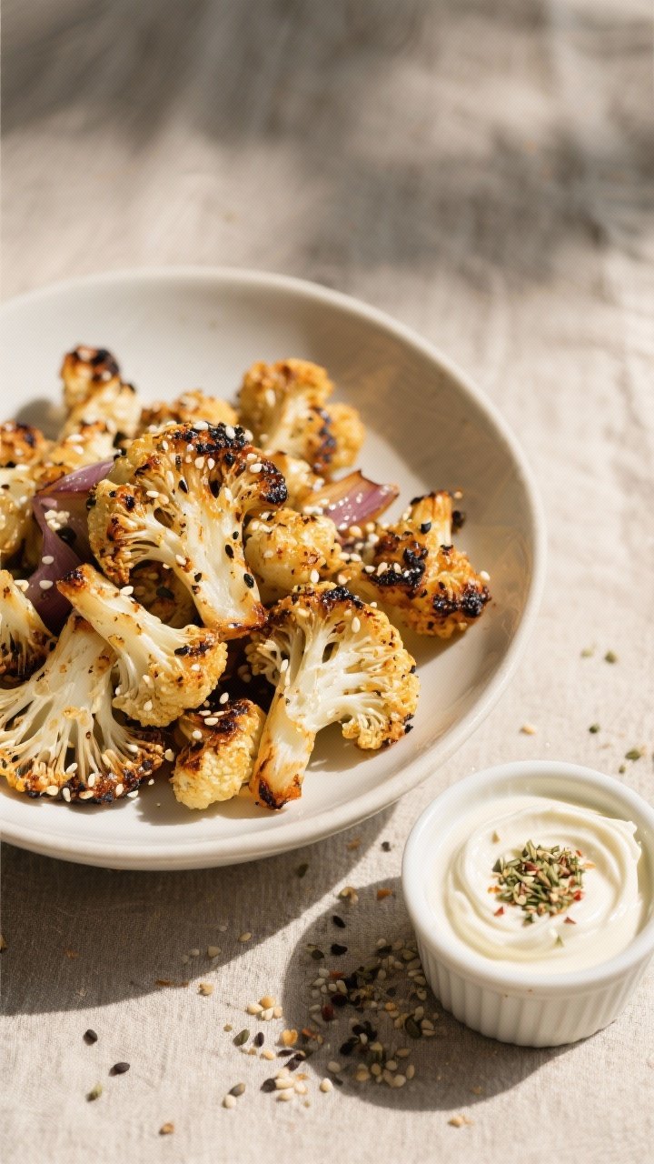 Plated, 45-degree angle: Roasted everything-bagel seasoned cauliflower florets in a wide white bowl, sesame and poppy seeds visibly clinging to charred edges with onion powder and coarse salt sparkles. Beside it, a small ramekin of zippy cream cheese dip with a swirl and a light sprinkle of everything seasoning on top. Neutral linen, warm daylight, and a scattering of loose seasoning on the tabletop for texture.