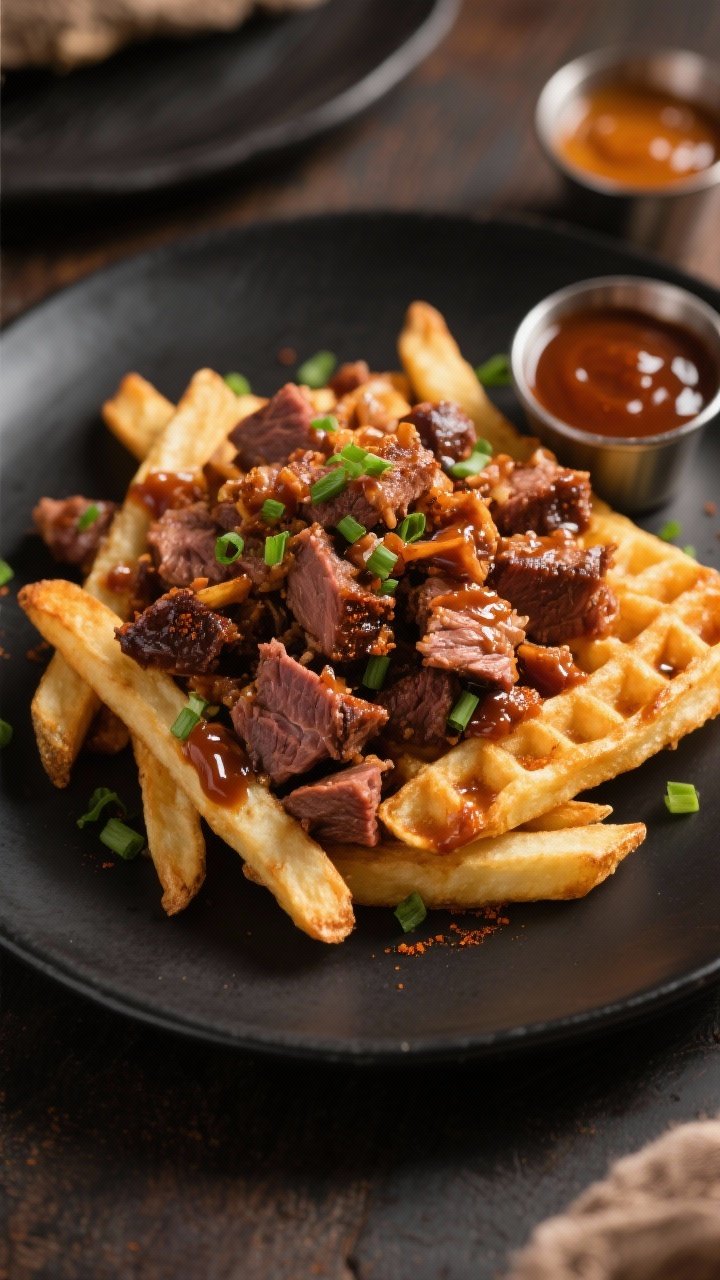 Plated comfort-food scene at 45 degrees: waffle fries topped with a smoky maple BBQ brisket crumble made from chopped leftover brisket (patted dry for crisp edges), tossed with a glossy blend of smoky BBQ sauce, pure maple syrup, apple cider vinegar, and a hint of smoked paprika. Garnish with finely chopped chives. The brisket bits look caramelized and sticky, the fries remain crisp. Served on a matte black plate, with small ramekins of BBQ sauce and maple nearby, warm, inviting lighting.