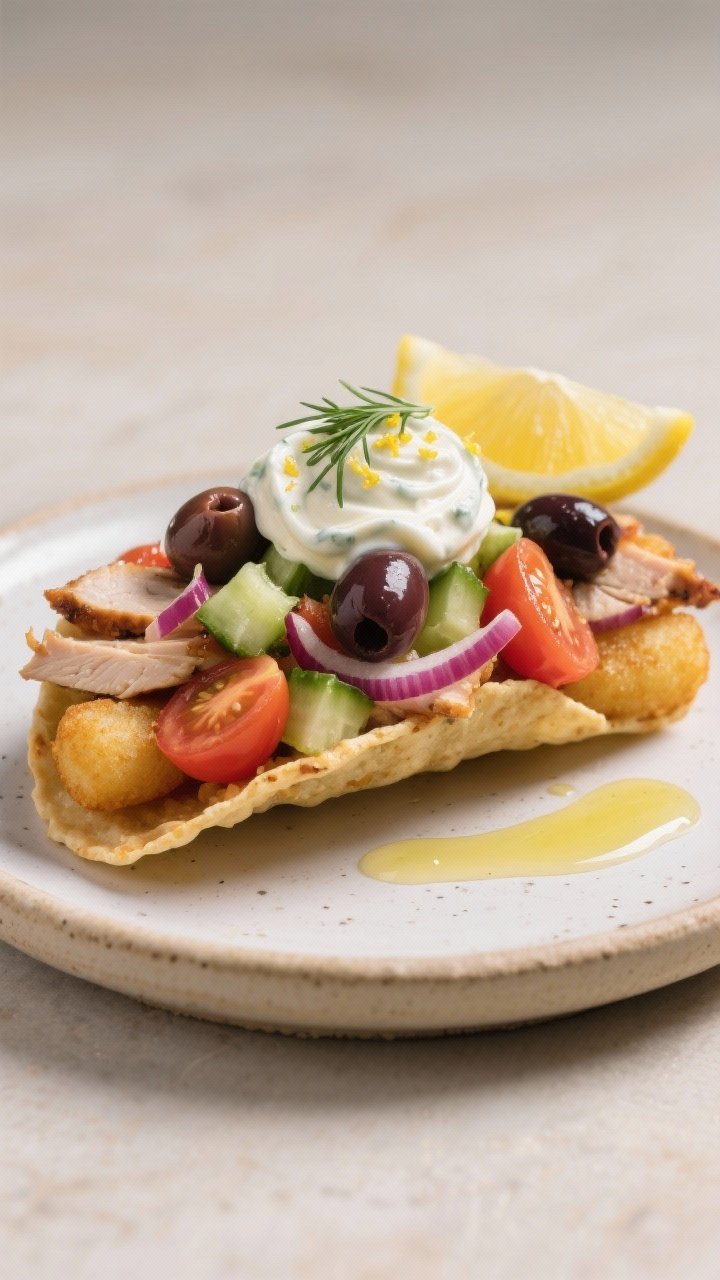 Plated Mediterranean presentation of Greek Gyro-Style Tachos at a 45-degree angle: tots as the base, topped with thin slices of gyro-style meat (or rotisserie chicken), juicy halved cherry tomatoes, diced cucumber, thin red onion slivers, and glossy Kalamata olives. A cool lemon-herb tzatziki dollop swirled on top with lemon zest and dill flecks visible. Styled on a light stoneware plate with a lemon wedge and a drizzle of olive oil; crisp textures and fresh produce colors pop against the neutral backdrop.
