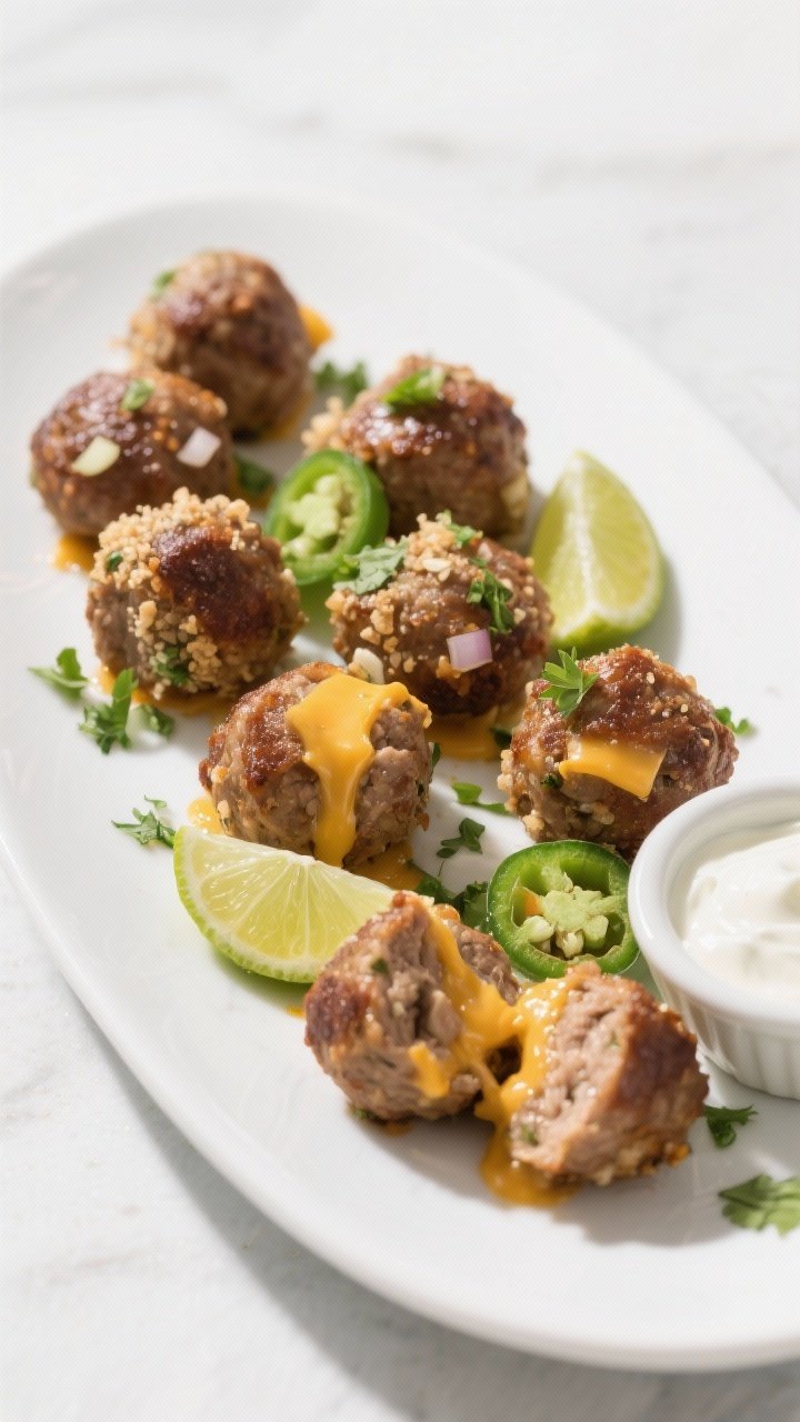 Plated presentation at 45 degrees of Mini Turkey Jalapeño Meatballs With Cheddar Inside: glistening, browned turkey meatballs flecked with finely chopped onion, minced jalapeño, garlic, cumin, and panko, with gooey cheddar peeking from a split piece. Arranged on a white oval platter with lime wedges and a cilantro sprinkle. Small ramekin of cooling yogurt-lime dip in the corner, bright, inviting lighting.