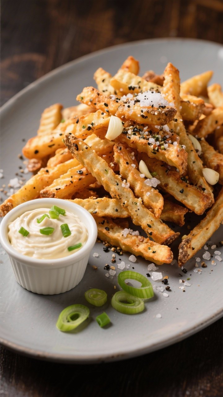 Plated pub-style presentation at 45 degrees: a mound of extra-crispy frozen fries (shoestring or crinkle-cut) tossed with everything-bagel seasoning, garlic powder, and black pepper, salt crystals sparkling. A ramekin of creamy scallion dip swirled with green flecks sits alongside; a few scallion slices scattered on the matte plate. Emphasize crunch and speckled seasoning, warm, inviting light.