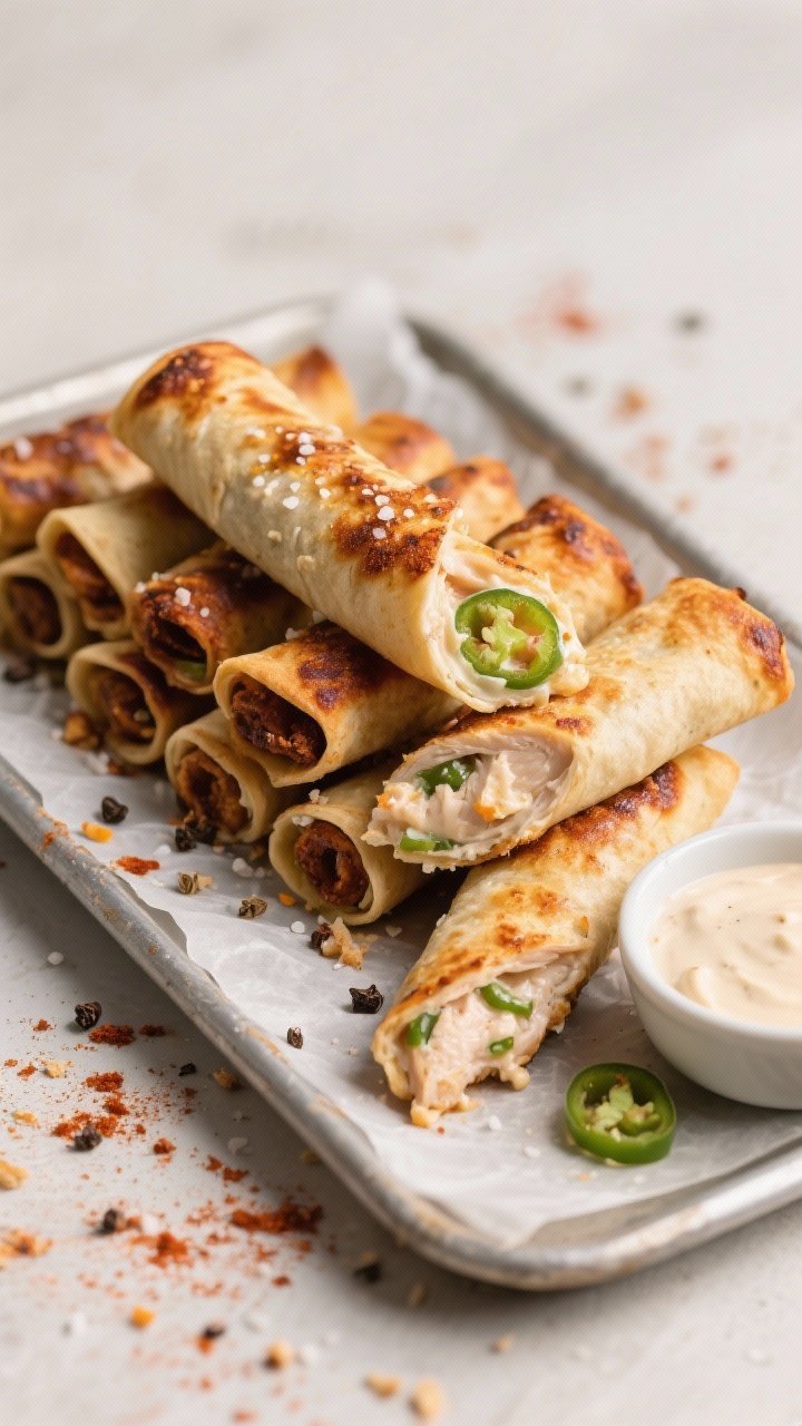 Process-focused 45-degree shot of jalapeño popper chicken taquitos: thin chicken cutlets rolled into tight cigars, edges browned and blistered, seasoned with kosher salt, black pepper, cumin, and chili powder. Some rolls split to reveal creamy, melty filling with flecks of jalapeño. Arranged in a staggered stack on a parchment-lined tray, with a small bowl of creamy dipping sauce nearby. Neutral background, energetic crumbs and spice dust scattered.