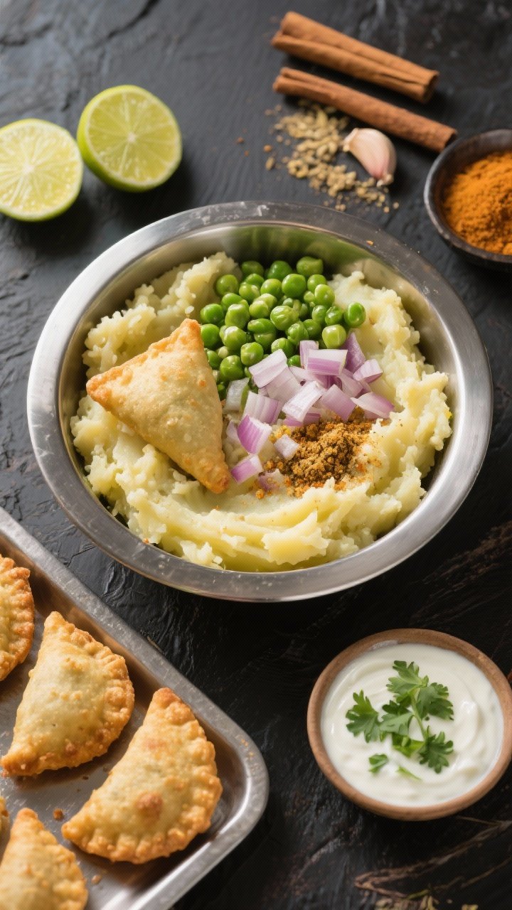Process-focused ingredient shot from overhead: samosa-spiced potato puffs mixture in a stainless bowl—mashed potatoes folded with thawed peas, finely diced onion sautéed in oil or ghee, grated ginger, minced garlic, and ground cumin visible; a small tray of hand-formed puffs ready for the air fryer beside a bowl of cilantro-lime yogurt; spices and lime halves arranged neatly for a vibrant Indian street-food mood.