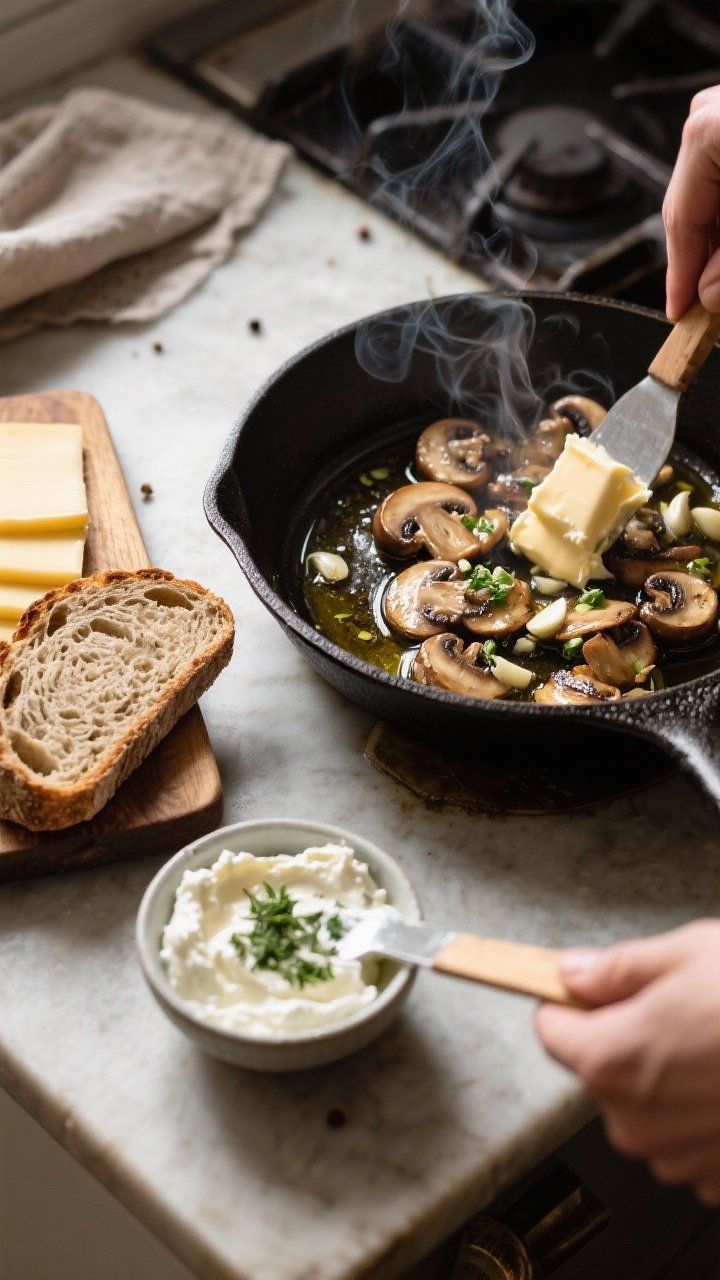 Process shot at 45 degrees: a skillet scene of garlicky cremini mushrooms sizzling in olive oil with minced garlic, lightly salted and peppered, next to a slice of rye/rustic sourdough being buttered; a small bowl of herbed ricotta spread (ricotta flecked with herbs) ready for slathering; slices of Swiss cheese waiting on a board; warm, savory steam visible; rustic kitchen surface, clean composition.