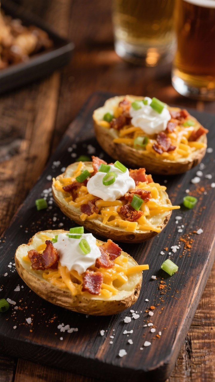 Pub-style plated presentation at 45 degrees: loaded air fryer potato skins on a dark wood board, shells brushed with olive oil, sprinkled with kosher salt and garlic powder, then filled with bubbling shredded cheddar, optional bacon crumbles, and dollops of sour cream; finely sliced green onions scattered over, rustic bar ambiance with warm lighting and a cold drink out of frame.
