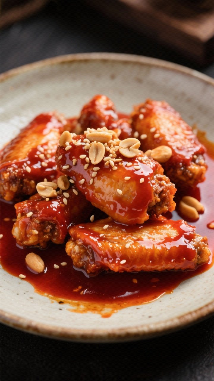 Straight-on action close-up: Gochujang sweet heat boneless wings, chicken breast pieces lightly seasoned with salt, ground ginger, garlic powder, and cornstarch for a delicate crust, tossed in a glossy deep-red gochujang sauce. Garnish with a crunchy peanut sprinkle and a few sesame seeds. Place in a shallow ceramic dish with sauce drips on the rim for drama. Rich, contrasty lighting to bring out the lacquered shine and the texture of crushed peanuts.