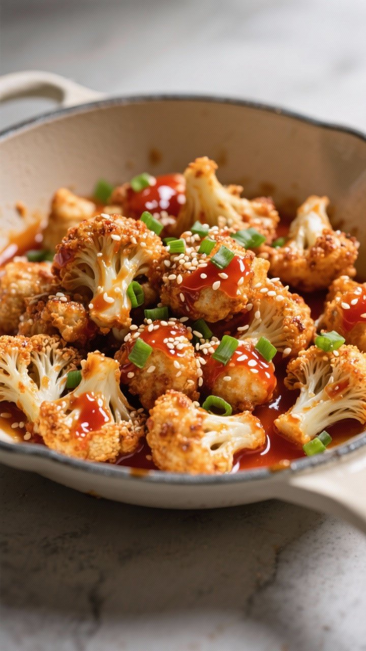 Straight-on action close-up: Honey sriracha cauliflower bites in a shallow enamel pan, craggy, lightly crisped florets from a cornstarch and oil toss, lacquered in a glossy sauce of sriracha and honey with a hint of garlic powder and kosher salt; sesame seeds and chopped green onion sprinkled over; sticky sheen highlighted by directional light.