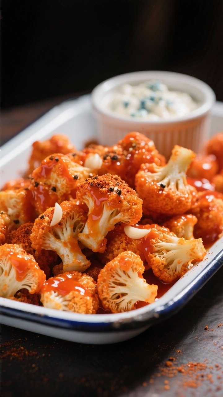 Straight-on action shot of buffalo cauliflower bites just tossed: cauliflower florets coated in olive oil, garlic powder, paprika, kosher salt, black pepper, then glazed in glossy buffalo wing sauce, piled in a shallow enamel tray; vivid orange-red sheen, a ramekin of ranch or blue cheese dip blurred in the background; dramatic side lighting emphasizing saucy texture.
