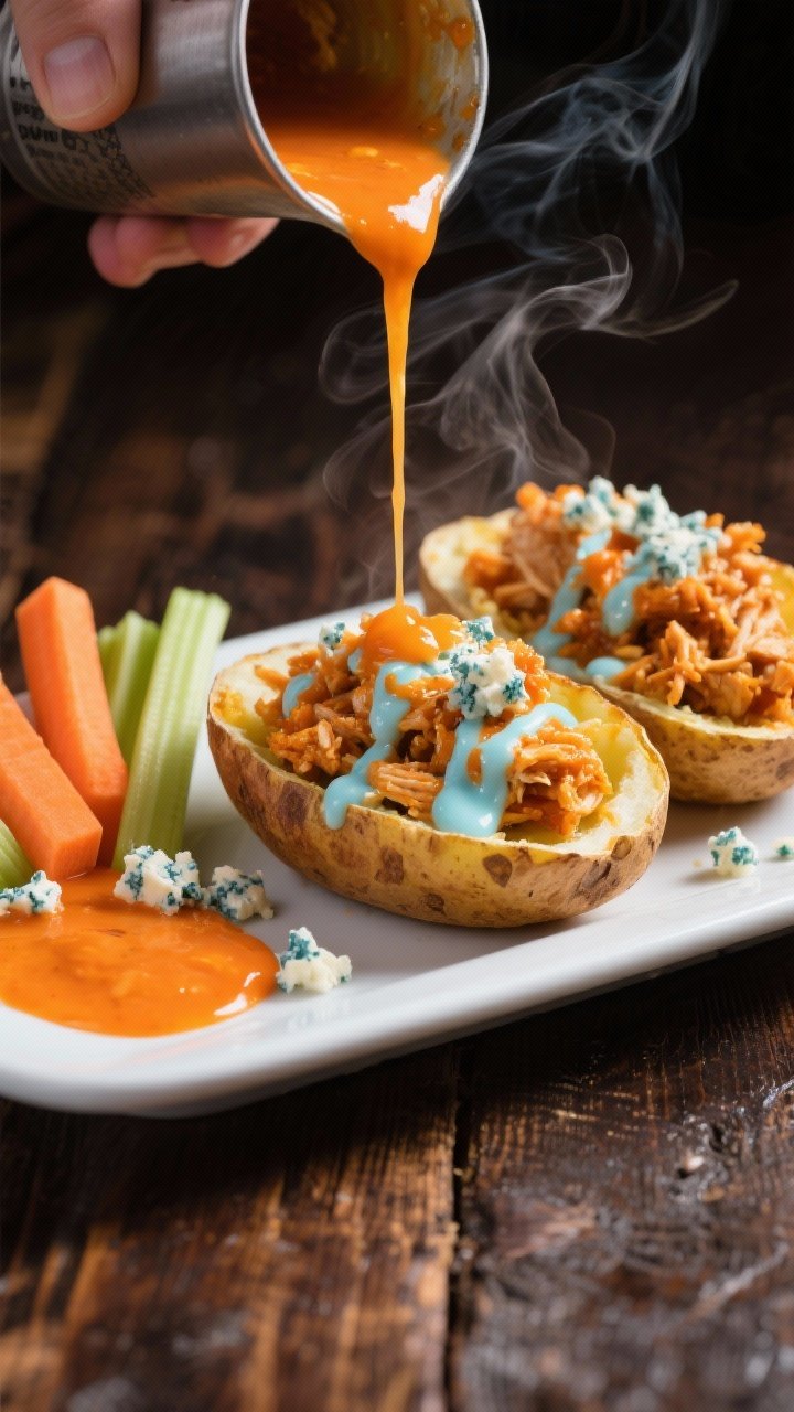 Straight-on action shot of Buffalo chicken potato skins being drizzled: russet shells filled with shredded cooked chicken tossed in Buffalo sauce and a touch of melted butter, topped with a light blue cheese drizzle; carrot and celery sticks and extra blue cheese crumbles on the side; bright orange sauce against rustic dark wood, steam faintly visible, vibrant sports-bar vibe.