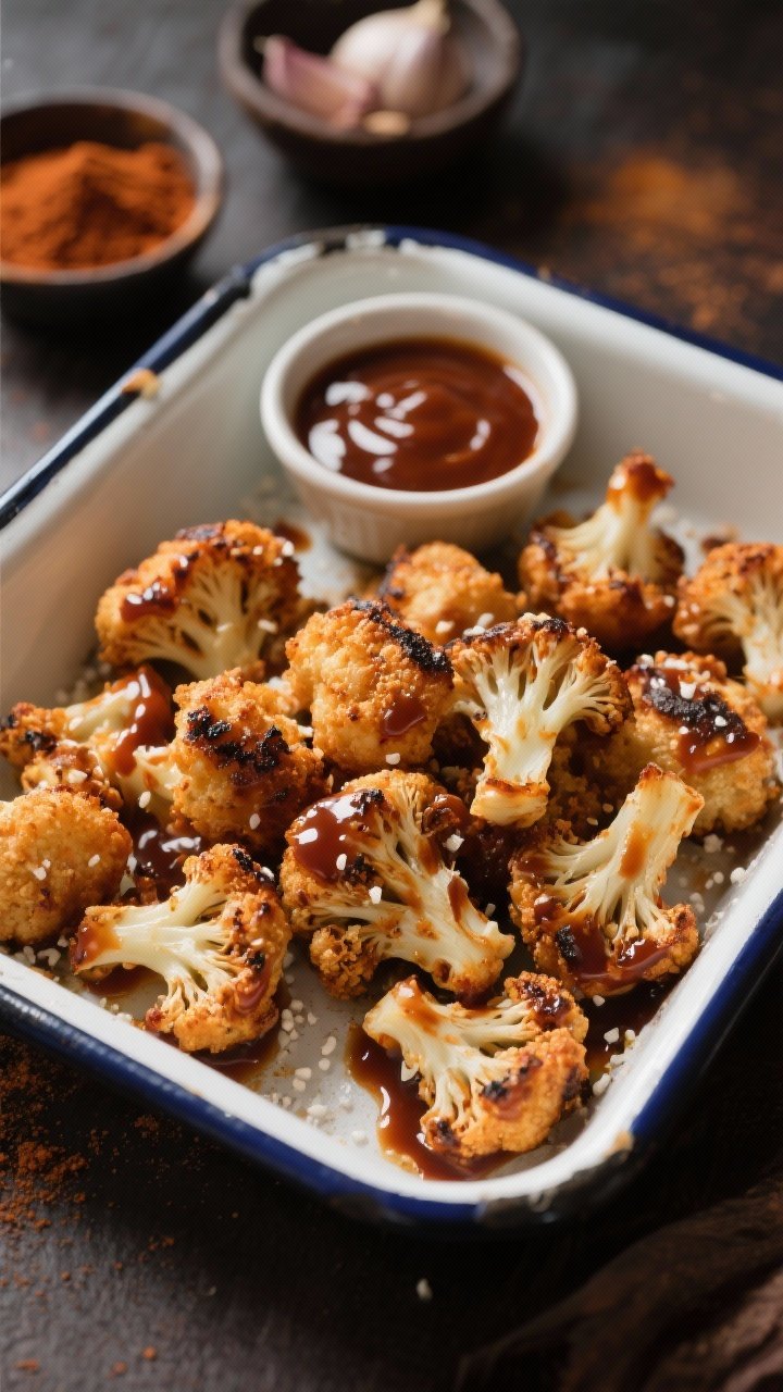 Straight-on action shot of crispy BBQ cauliflower bites in a shallow enamel tray: 1-inch florets with caramelized BBQ glaze, edges charred and craggy; a fine “ranch dust” sprinkle visible as a light white speckle over the bites; small bowl of extra BBQ sauce in the background; ingredients nods include smoked paprika and garlic powder in tiny prep dishes; warm, moody lighting to emphasize sticky-saucy sheen and crunch.