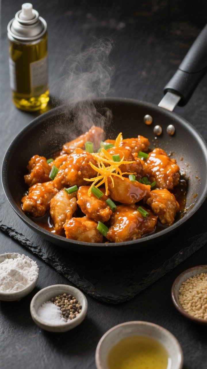 Straight-on action shot of Panda Express-style orange chicken in a wok-like bowl after air-frying: bite-size thigh pieces with a lacquered sticky orange glaze, garnished with orange zest and scallions; show a misted olive oil spray can nearby and small bowls of cornstarch, flour, white pepper, and neutral oil; glossy highlights on the sauce, vibrant zesty mood on a dark slate backdrop.