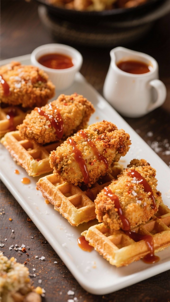 Straight-on appetizer platter of Cajun chicken and waffle bites: panko-cornmeal coated chicken pieces seasoned with Cajun spice and kosher salt, air-fried to deep golden crunch, perched atop mini waffle squares. Drizzle of maple-hot sauce ribboning over the bites, a small pitcher of extra drizzle nearby. Contrast of crunchy chicken and waffle grid texture; warm, brunchy ambiance.