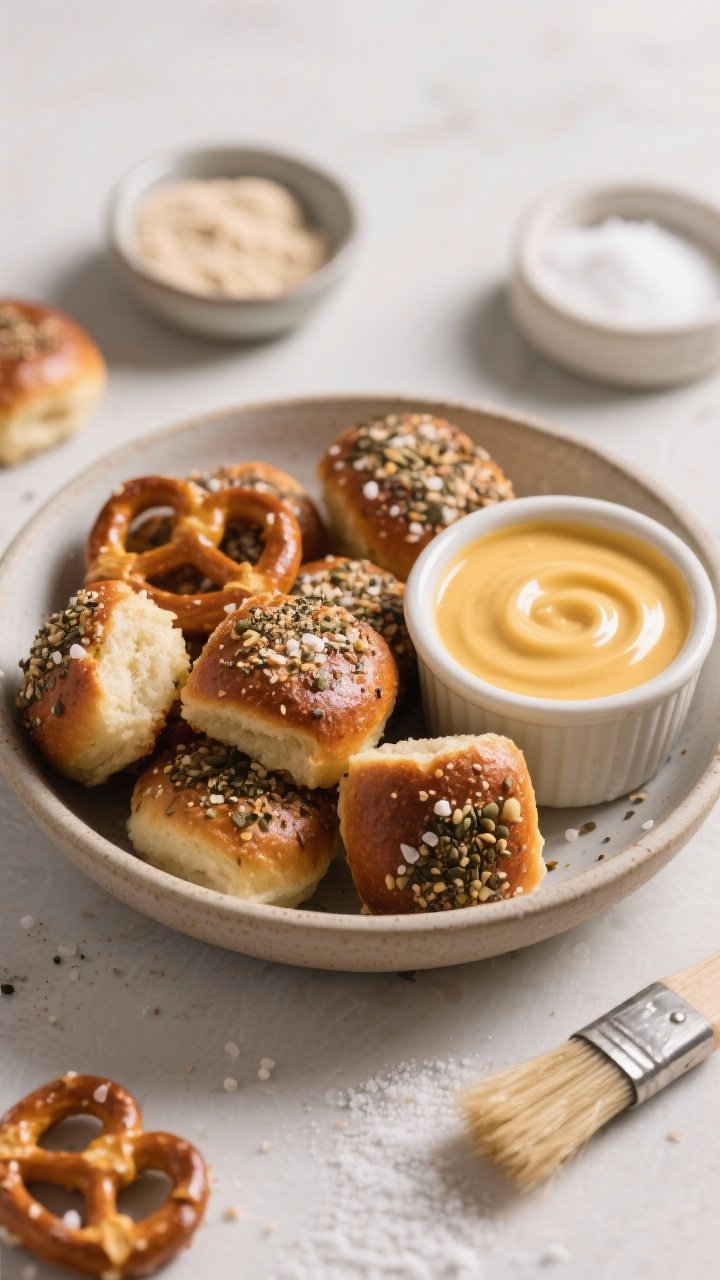 Straight-on bakery-style scene of everything-bagel pretzel bites: puffy, deeply browned nuggets with coarse salt and everything seasoning topping, arranged in a shallow bowl; a small crock of warm beer cheese dip beside them with a satin surface and a slight swirl; background props include a small dish of instant yeast granules and a brush with baking soda solution droplets to hint at the process.
