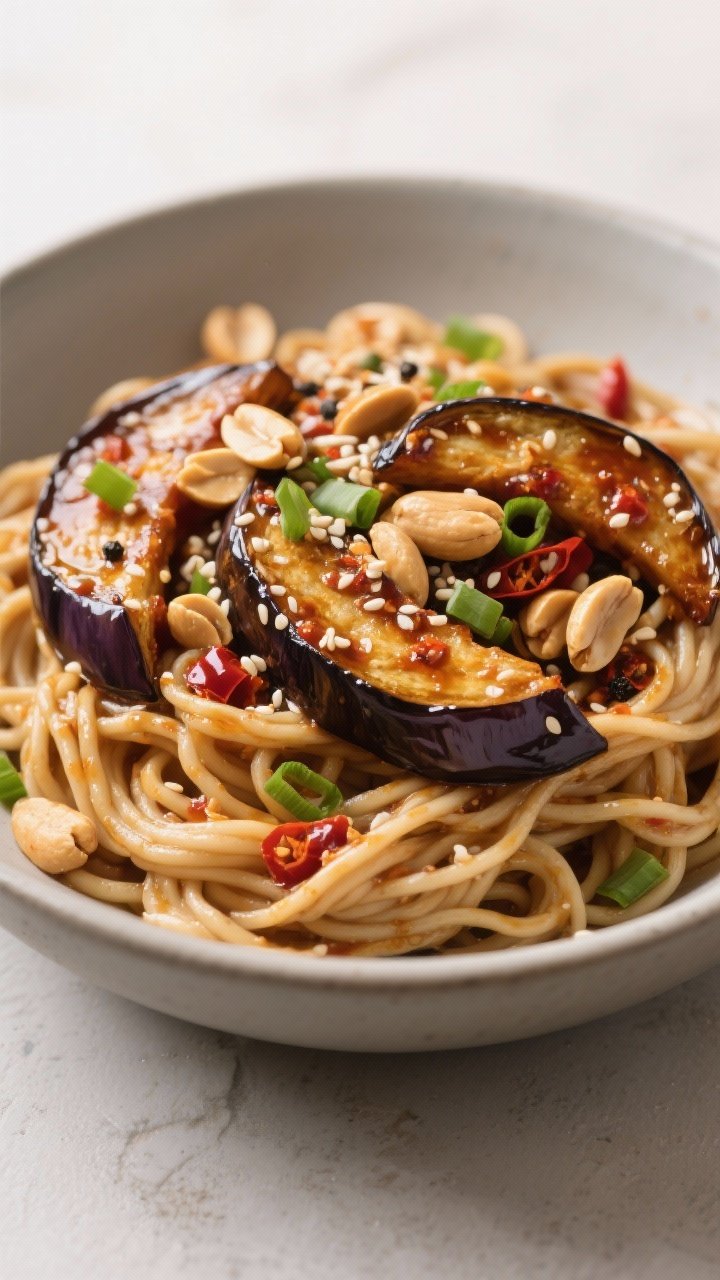 Straight-on bowl of chili-garlic sesame eggplant with peanut noodles: glossy air-fried half-moon eggplant pieces, edges caramelized, tossed in a spicy chili-garlic-sesame sauce, piled over creamy peanut-coated noodles; topped with chopped peanuts, sesame seeds, and scallions; neutral oil sheen visible, kosher salt and black pepper balanced; modern Asian-inspired styling with a matte ceramic bowl.