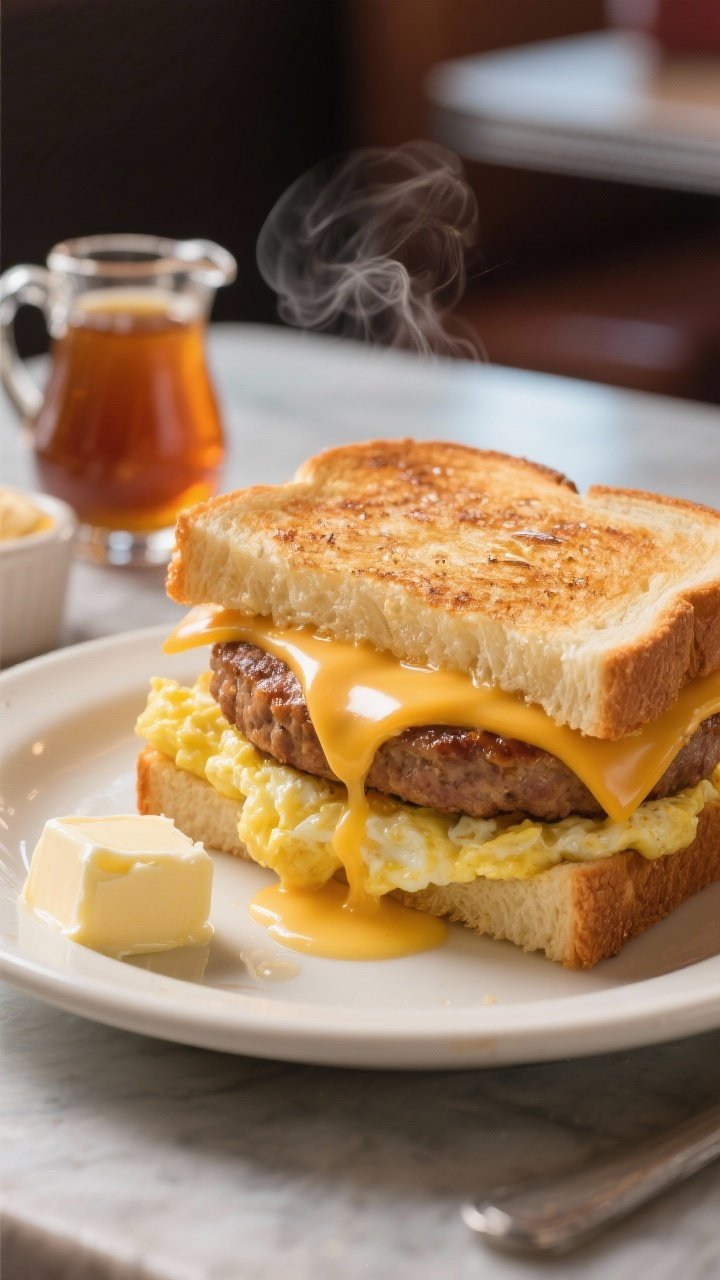 Straight-on breakfast melt: thick sandwich bread toasted in butter, stacked with a maple breakfast sausage patty, softly scrambled egg (made with a splash of milk for creaminess), and melted cheddar draping over the edges; cut to reveal layers, cheese glossy and molten; a small pitcher of maple syrup and a pat of butter in frame; morning light, cozy diner vibe, steam subtly visible.