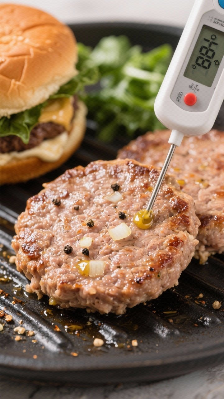 Straight-on burger build showing juicy turkey burgers just off the grill plate of the air fryer: thick patties made with ground turkey, finely chopped onion, Dijon, mayonnaise, garlic powder, kosher salt, and black pepper, juices beading on the surface; an instant-read thermometer reading 165°F tucked beside one patty, assembled burger in the background with simple greens, sharp highlights for juiciness.