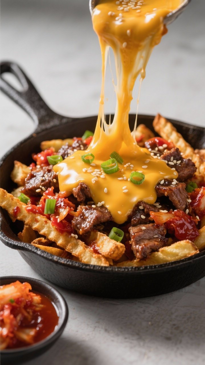 Straight-on cheese-pull moment for Kimchi Bulgogi fries: crinkle fries under thinly sliced beef glazed in glossy bulgogi marinade, tangled with chopped, ruby-red kimchi. A molten gochujang-spiked cheese layer stretching in a dramatic pull, sesame seeds and sliced scallions sprinkled on top. Serve in a cast-iron skillet with a small dish of extra gochujang; bold, high-contrast lighting to showcase caramelization and kimchi texture.