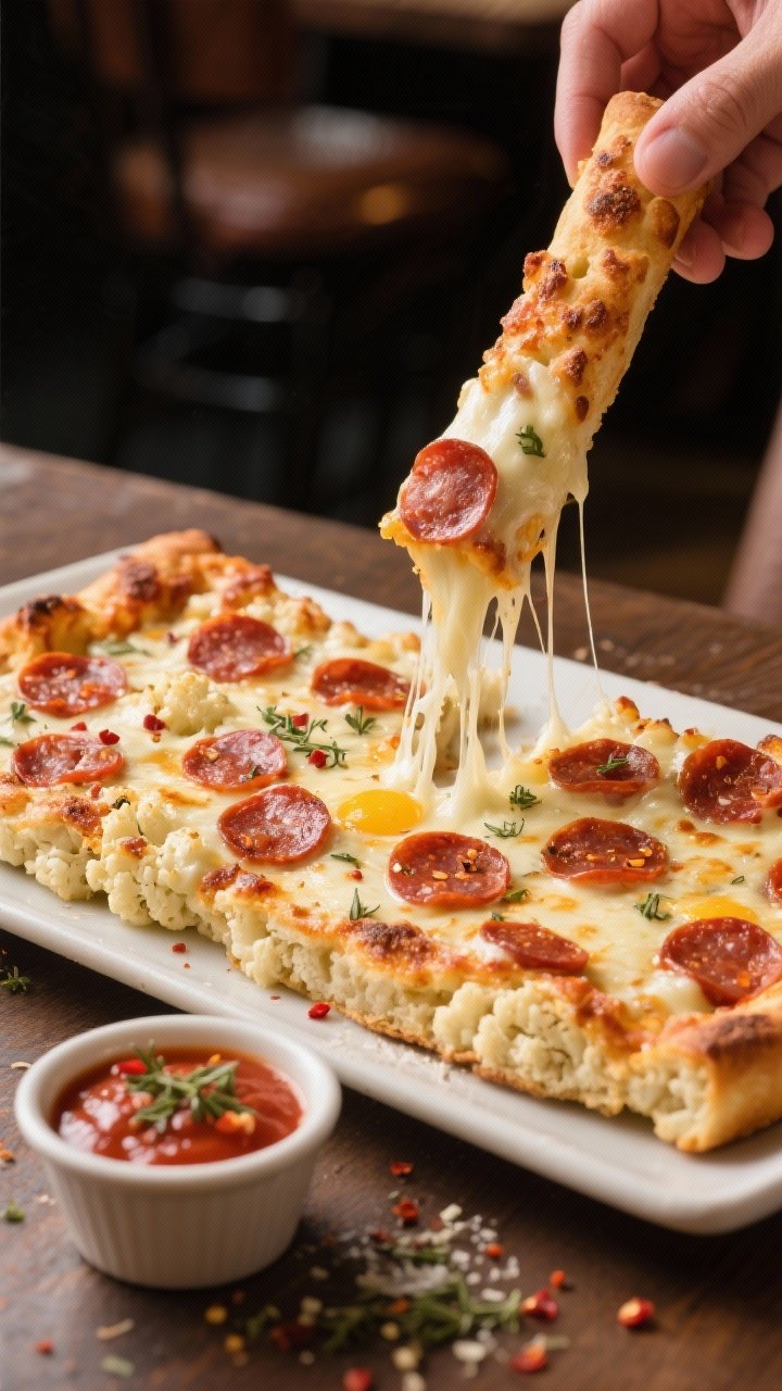 Straight-on cheese-pull moment of pepperoni pizza cauliflower “breadsticks”: a rectangular slab of riced cauliflower crust (eggs, Parmesan) topped with melted part-skim mozzarella and scattered mini pepperoni; one breadstick being lifted to show stretchy cheese; marinara dipping cup in front; flecks of dried oregano and red pepper flakes on top; crisp browned edges, cozy pizzeria mood.