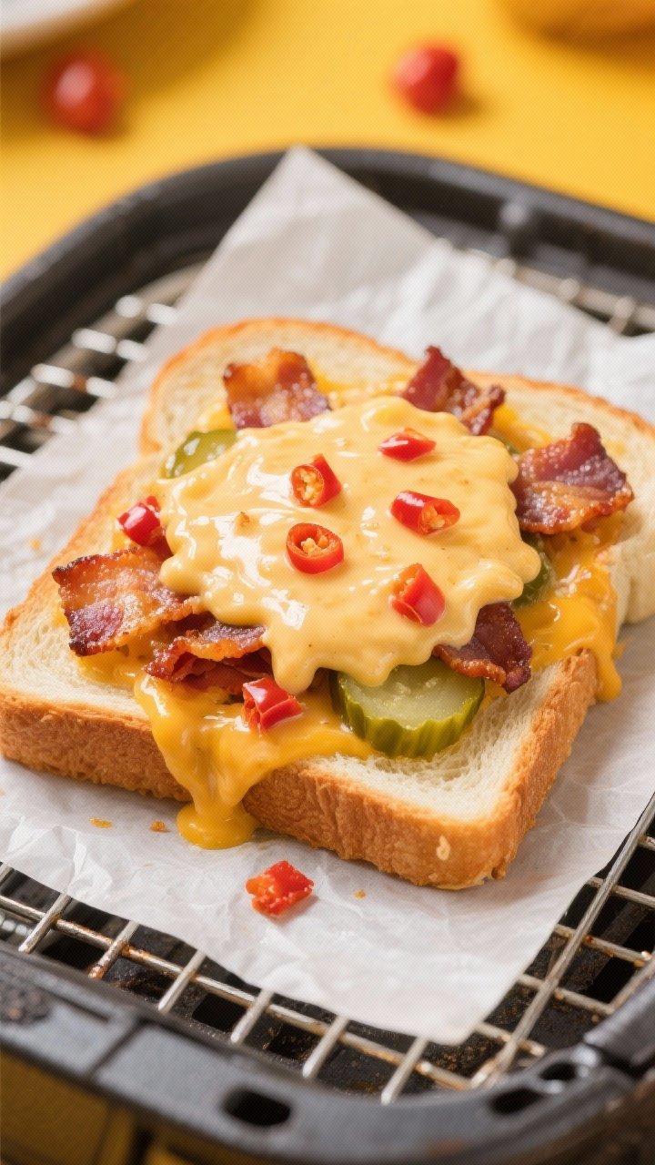 Straight-on close-up of a pimento cheese and bacon crunch melt on Texas toast: thick white bread toasted in butter, a generous scoop of creamy pimento cheese melting and bubbling, studded with red pimento bits; crispy bacon pieces embedded, with a few tangy pickle slices peeking from the center; cheese slightly crisped at edges; set on parchment over a wire rack to suggest air fryer finish; vibrant, playful styling.