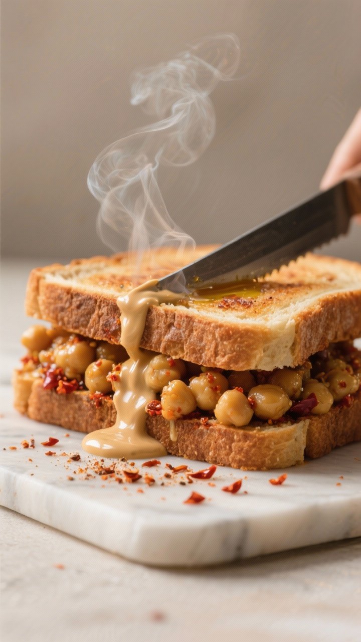 Straight-on close-up of a spicy chickpea smash toastie being sliced, steam rising: toasted bread brushed with olive oil, stuffed with smashed chickpeas seasoned with ground cumin, smoked paprika, and chili flakes; a glossy garlicky tahini drizzle ribboning over the cut edge; a pinch of chili flakes scattered on the board; neutral backdrop and directional light to accent the creamy-tangy tahini and warm spices.