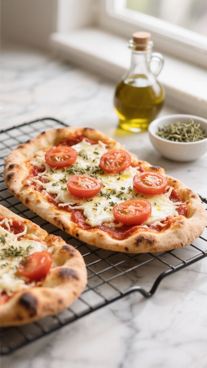 Straight-on close-up of air fryer Margherita flatbread pizzas on a wire rack: blistered naan topped with a thin layer of pizza sauce, melted mozzarella (mix of shredded and fresh slices), thin tomato rounds glistening with olive oil, a light shower of dried oregano, edges slightly charred; simple Italian styling with a bottle of olive oil and a pinch bowl of oregano on a marble background, warm natural window light.