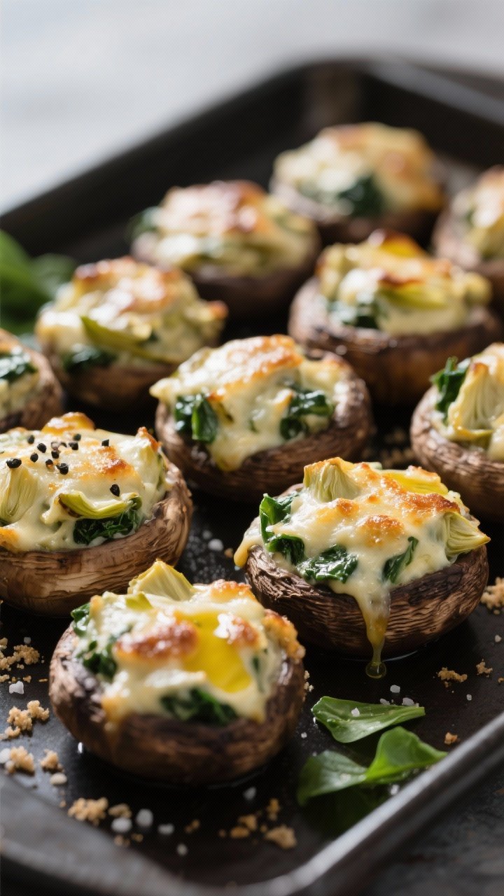 Straight-on close-up of cheesy spinach-artichoke stuffed mushrooms: medium cremini caps packed with a creamy spinach-artichoke filling, tops bubbling and lightly browned. A brush of olive oil on caps, a dusting of kosher salt and black pepper visible. Arrange in tight clusters on a dark baking sheet with stray breadcrumbs and a few chopped spinach leaves for context. Soft directional light to accentuate melty, gooey texture.