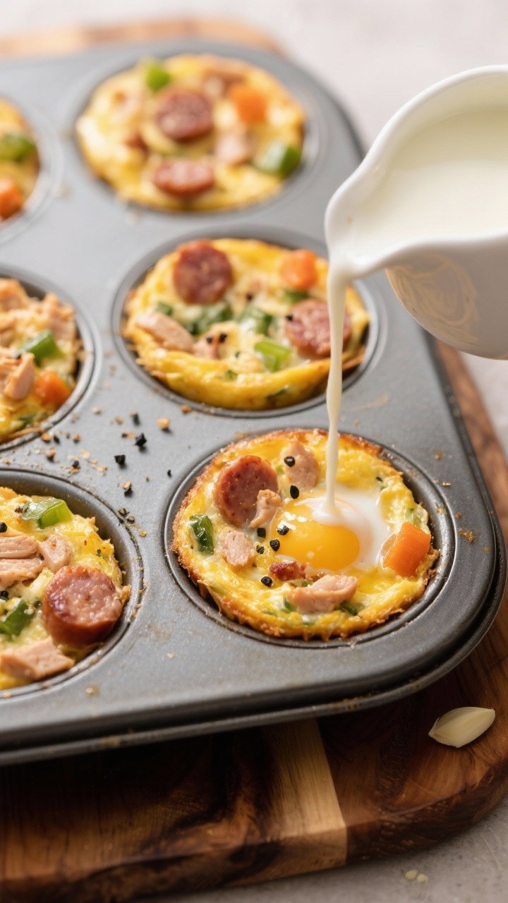 Straight-on close-up of chicken sausage breakfast frittata bites in a muffin tin, tops puffed and lightly golden; visible bits of cooked chicken sausage, chopped vegetables, and flecks of black pepper and garlic powder; a pour of egg mixture (eggs, egg whites, milk) shown in a small pitcher to the side; styled on a warm wooden board for a cozy, brunch-ready feel.
